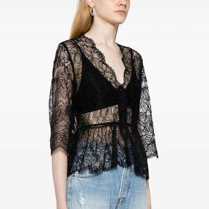 NWT GANNI Floral-lace Sheer Peplum Top In Black, Size 36
